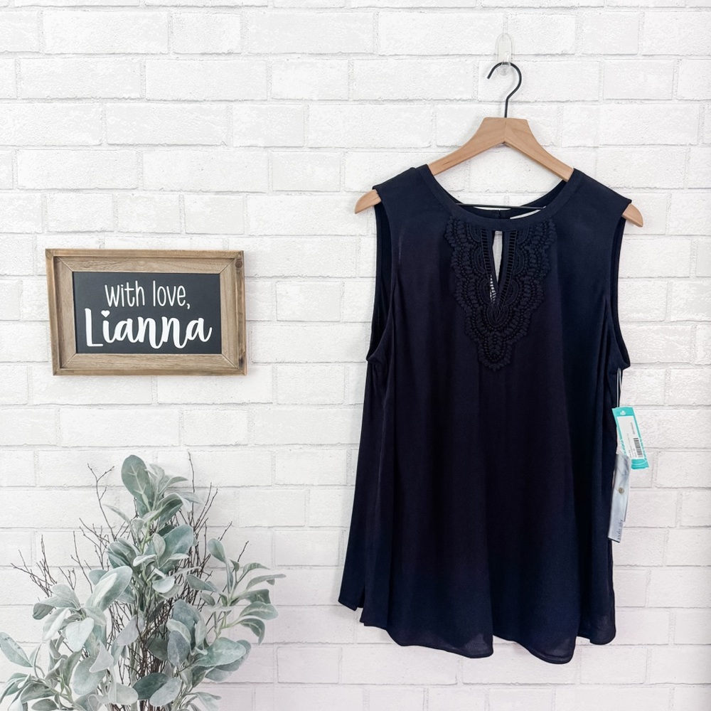 PALE SKY Quin Keyhole Crochet Black Sleeveless Top